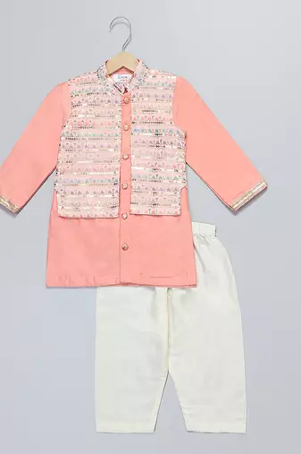 Peach embroidered cotton silk kurta pyjama