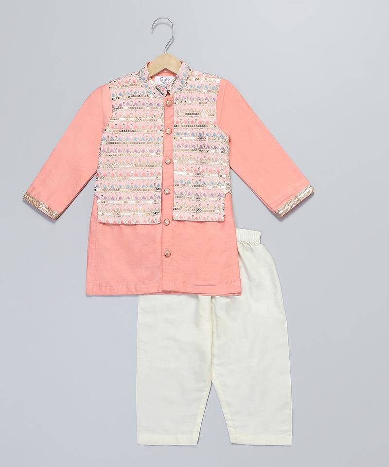 Peach embroidered cotton silk kurta pyjama