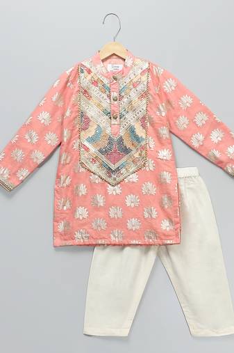 Peach embroidered cotton silk kurta pyjama
