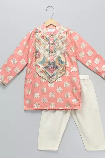 Peach embroidered cotton silk kurta pyjama