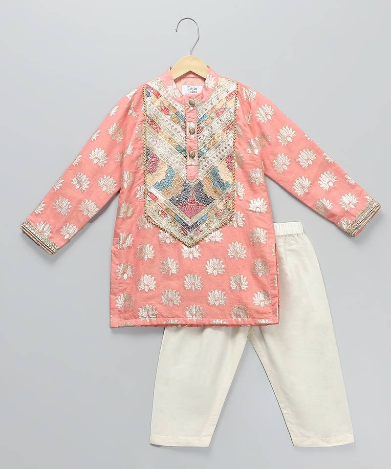 Peach embroidered cotton silk kurta pyjama