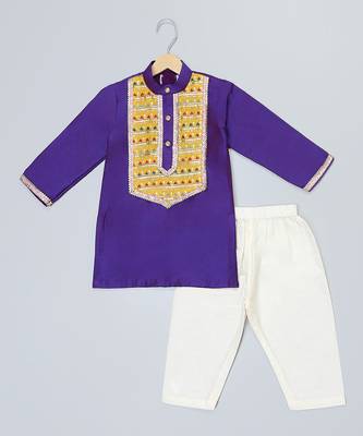 Blue embroidered cotton silk Boy's Kurta Pyjama 1