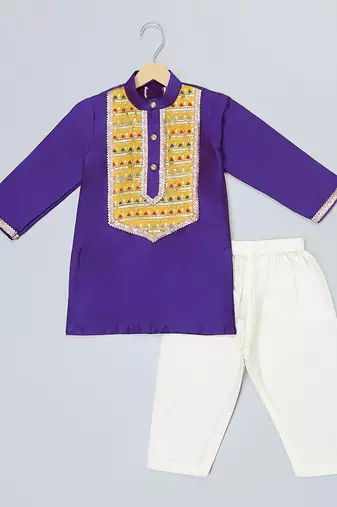 Blue embroidered cotton silk kurta pyjama