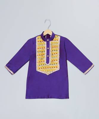 Blue embroidered cotton silk Boy's Kurta Pyjama 2
