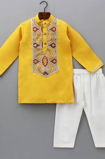 Yellow embroidered cotton silk kurta pyjama