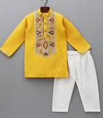 Yellow embroidered cotton silk kurta pyjama