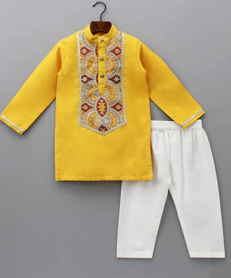 Yellow embroidered cotton silk kurta pyjama