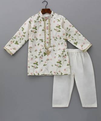 White embroidered cotton silk Boy's Kurta Pyjama 1