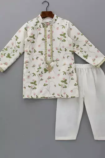White embroidered cotton silk kurta pyjama