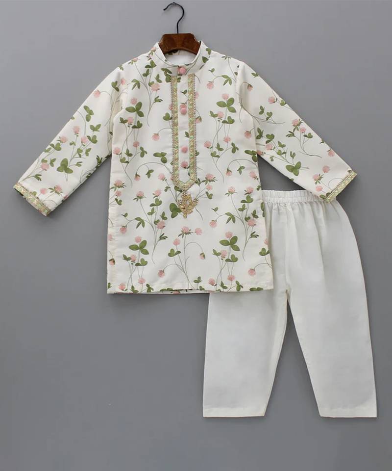White embroidered cotton silk kurta pyjama