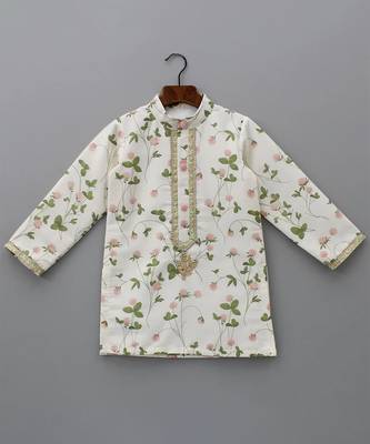 White embroidered cotton silk Boy's Kurta Pyjama 3
