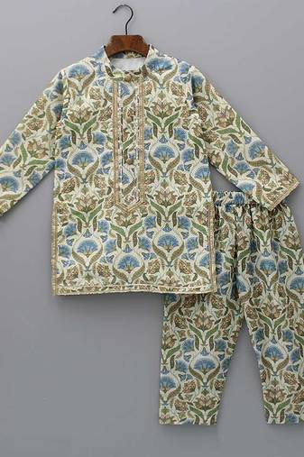 Multicolor embroidered cotton silk kurta pyjama