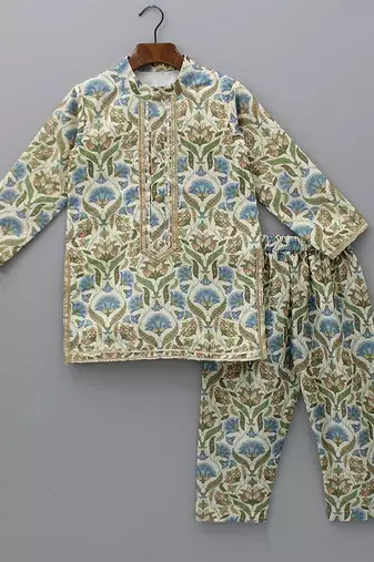 Multicolor embroidered cotton silk kurta pyjama