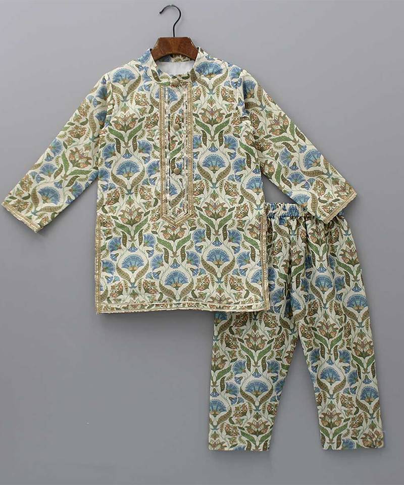 Multicolor embroidered cotton silk kurta pyjama