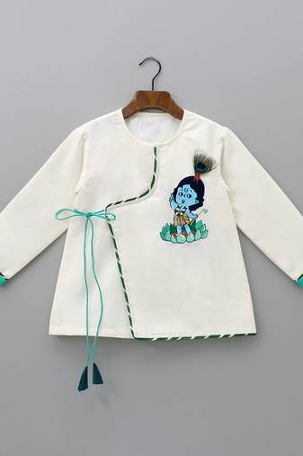 White printed cotton silk kurta pyjama