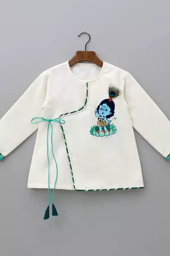 White printed cotton silk kurta pyjama