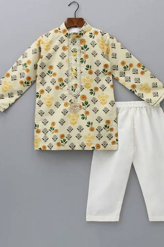 Beige printed cotton silk kurta pyjama