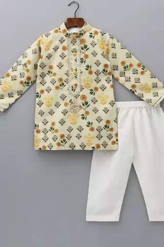 Beige printed cotton silk kurta pyjama