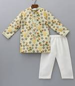 Beige printed cotton silk kurta pyjama