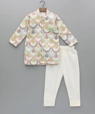 Multicolor printed cotton silk Boy's Bandhgala and Pant 1