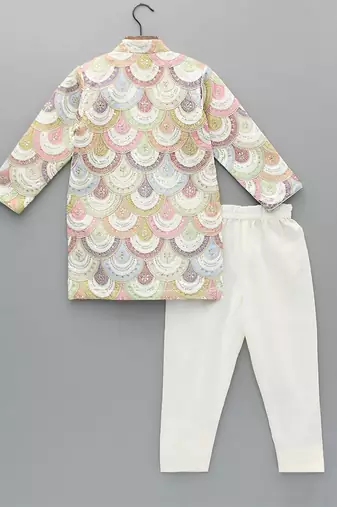 Multicolor printed cotton silk Boy's Bandhgala and Pant