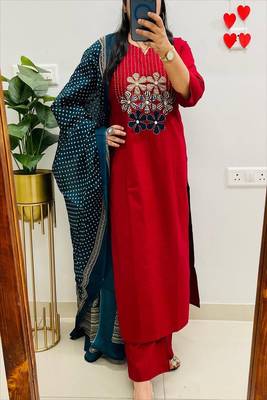 red embroidered round neck cotton kurta trouser dupatta set 1