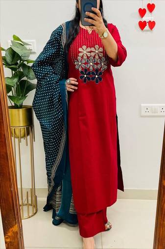Red floral embroidered round neck pure cotton kurta trouser dupatta set