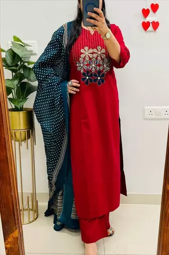 Red embroidered round neck pure cotton kurta trouser dupatta set