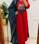 red embroidered round neck cotton kurta trouser dupatta set