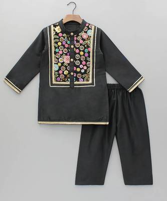 Black embroidered cotton silk Boy's Kurta Pyjama 1