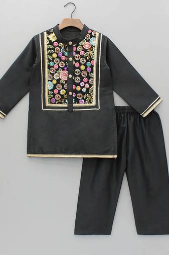 Black embroidered cotton silk kurta pyjama