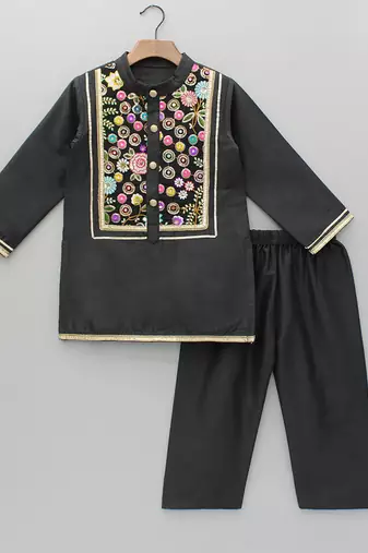 Black embroidered cotton silk kurta pyjama
