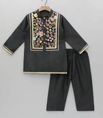 Black embroidered cotton silk kurta pyjama
