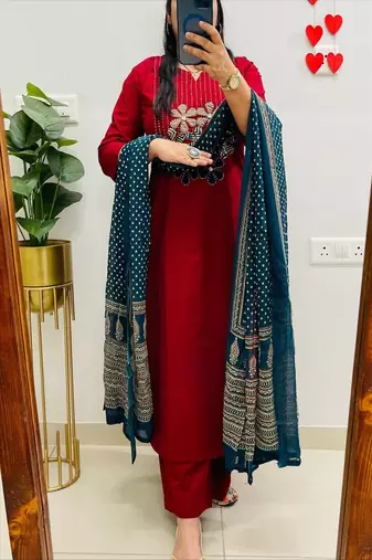 red embroidered round neck cotton kurta trouser dupatta set