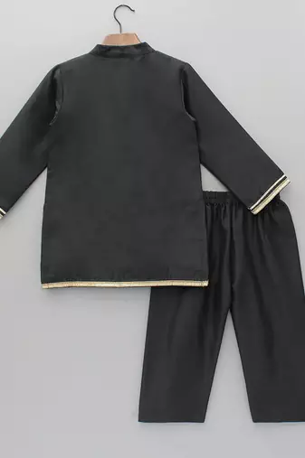 Black embroidered cotton silk Boy's Kurta Pyjama