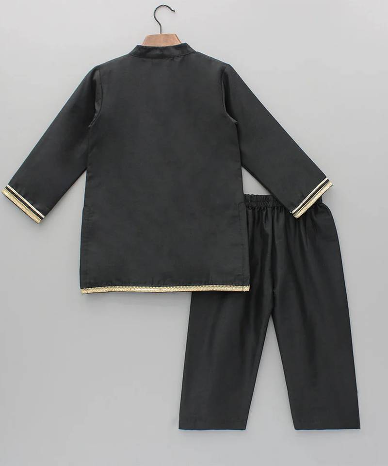 Black embroidered cotton silk kurta pyjama