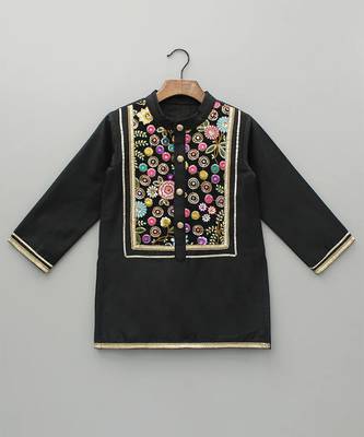 Black embroidered cotton silk Boy's Kurta Pyjama 3