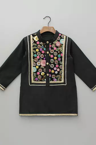 Black embroidered cotton silk Boy's Kurta Pyjama