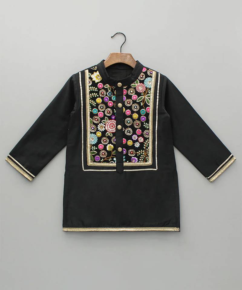 Black embroidered cotton silk kurta pyjama