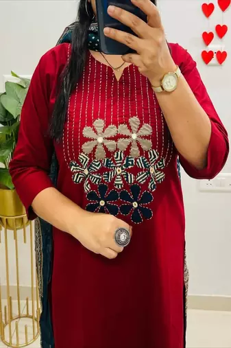 red embroidered round neck cotton kurta trouser dupatta set