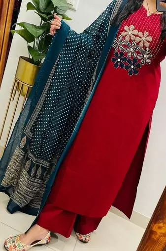 red embroidered round neck cotton kurta trouser dupatta set