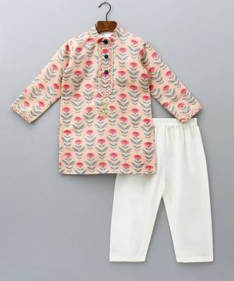 Peach printed cotton silk Boy's Kurta Pyjama 1