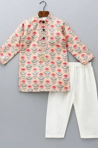 Peach printed cotton silk kurta pyjama