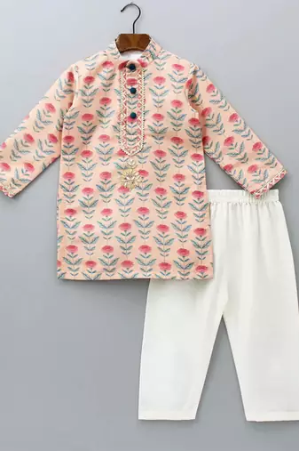Peach printed cotton silk kurta pyjama