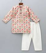 Peach printed cotton silk kurta pyjama