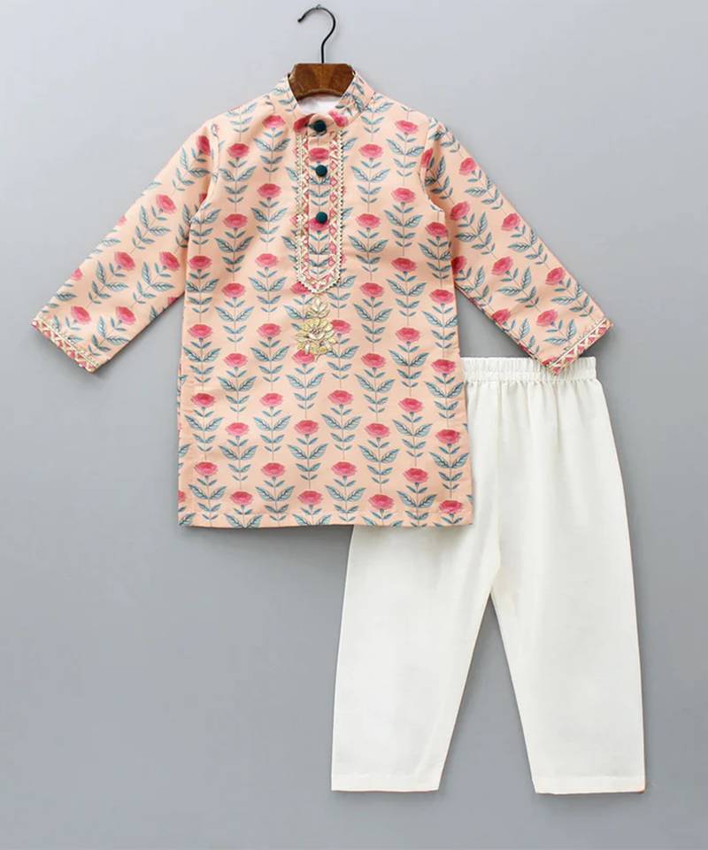 Peach printed cotton silk kurta pyjama