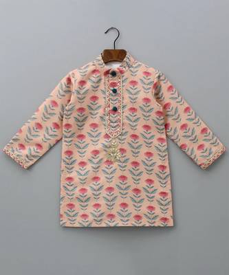 Peach printed cotton silk Boy's Kurta Pyjama 3