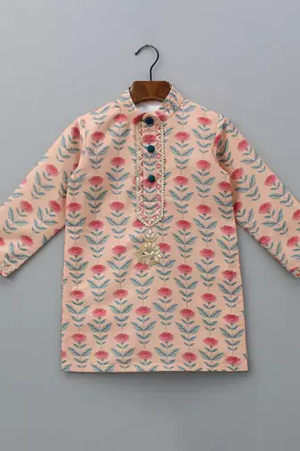 Peach printed cotton silk Boy's Kurta Pyjama