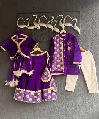 Purple embroidered velvet Boy's Kurta Pyjama 1