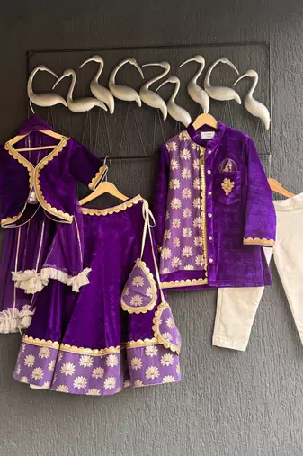 Purple embroidered velvet kurta pyjama
